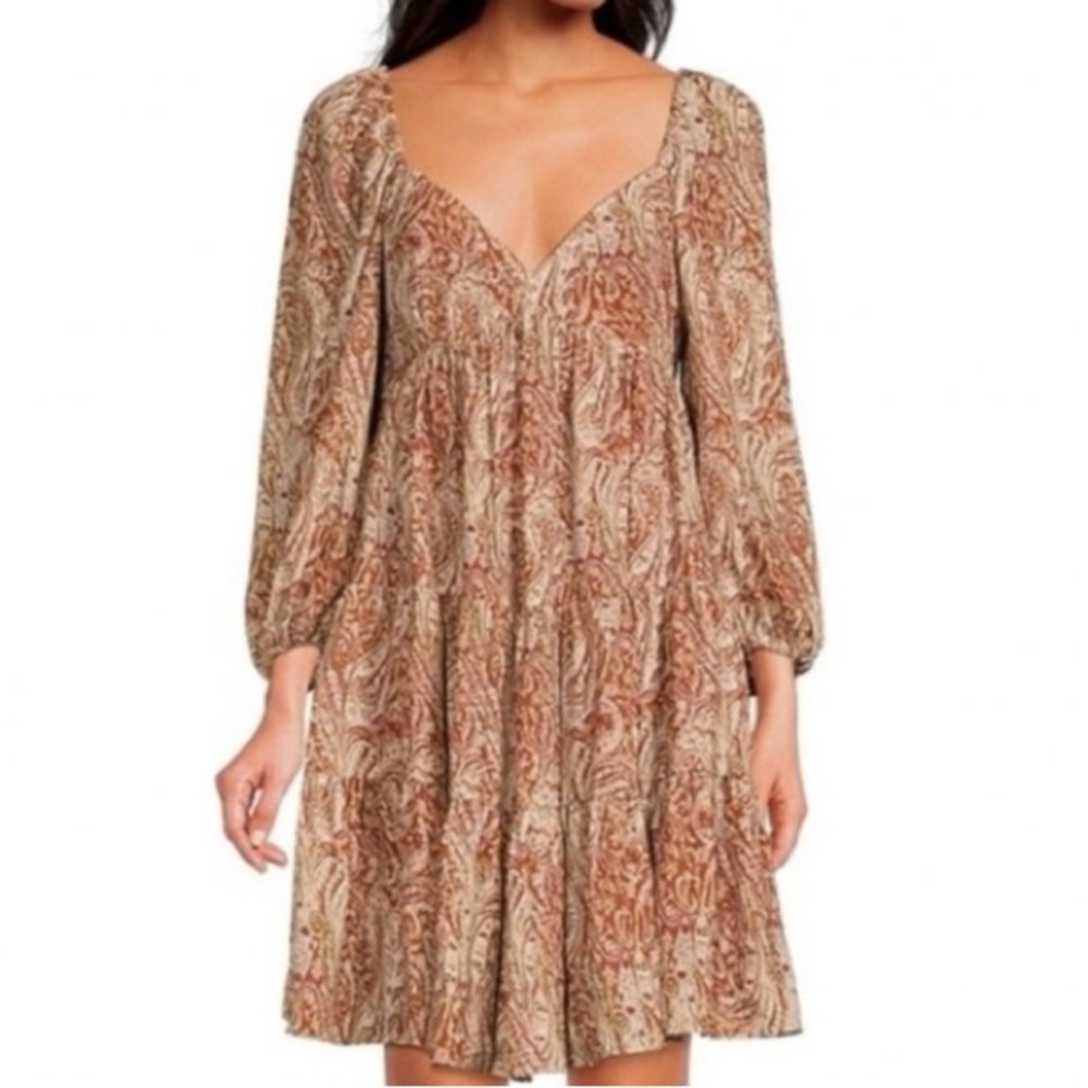 Gianni Bini Brown Camel Paisley Tiered Mini Dress Lyla Georgette XS